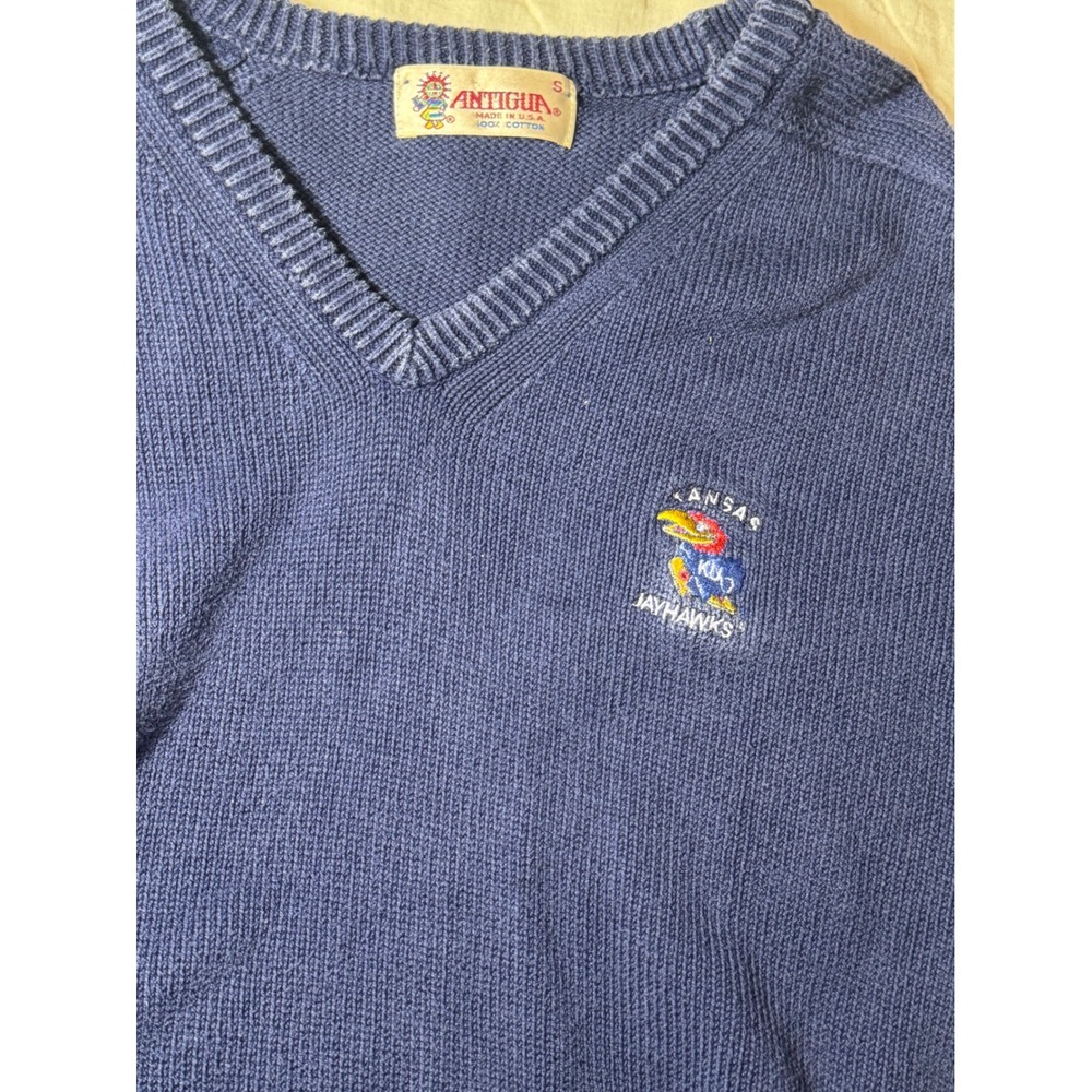 Vintage Antigua Kansas‎ Jayhawks V-Neck Sweater Blue Cotton Made in USA Mens S - Picture 5 of 7